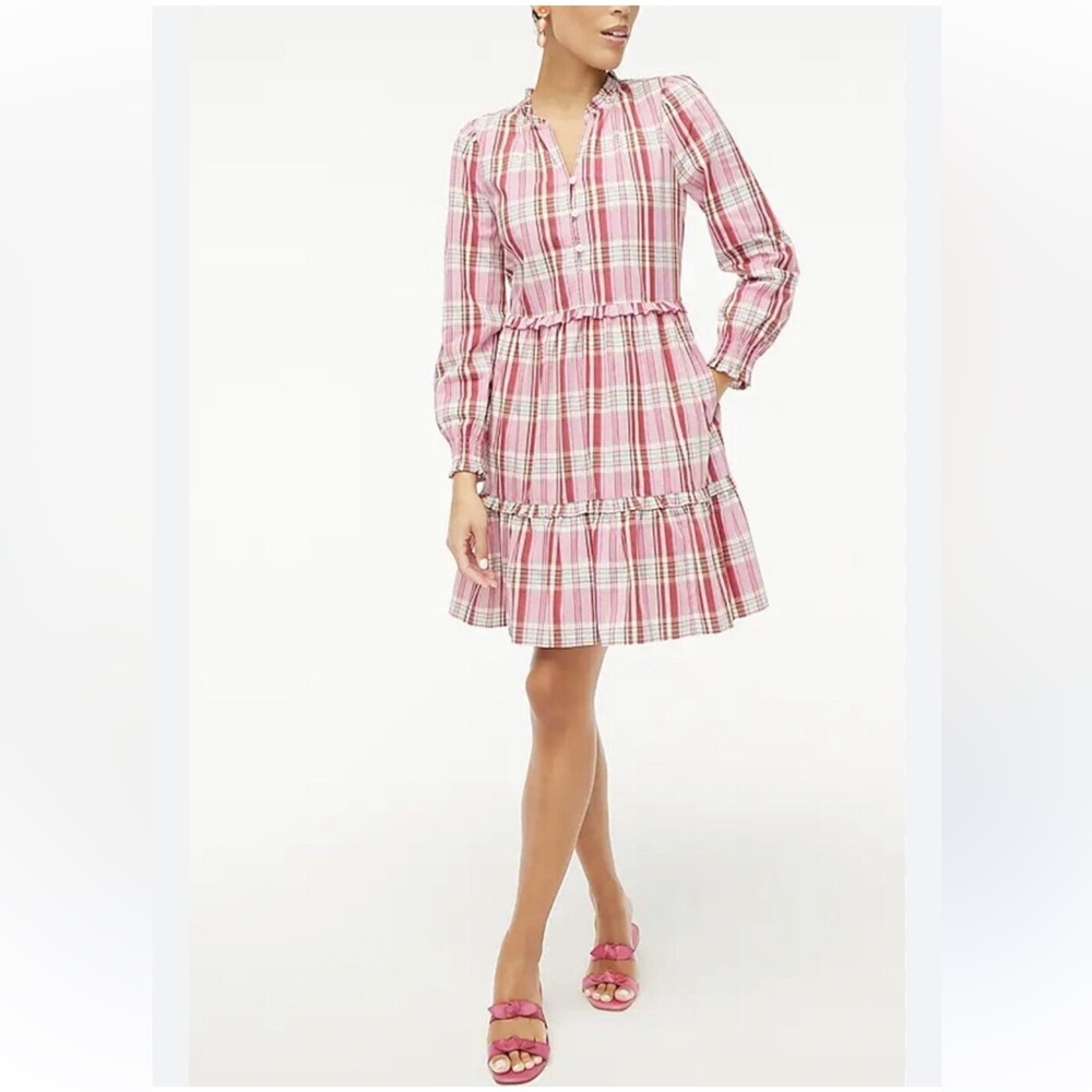 J. Crew Sweet Briar Marine Salt Pink Plaid Ruffled Dress 🆕